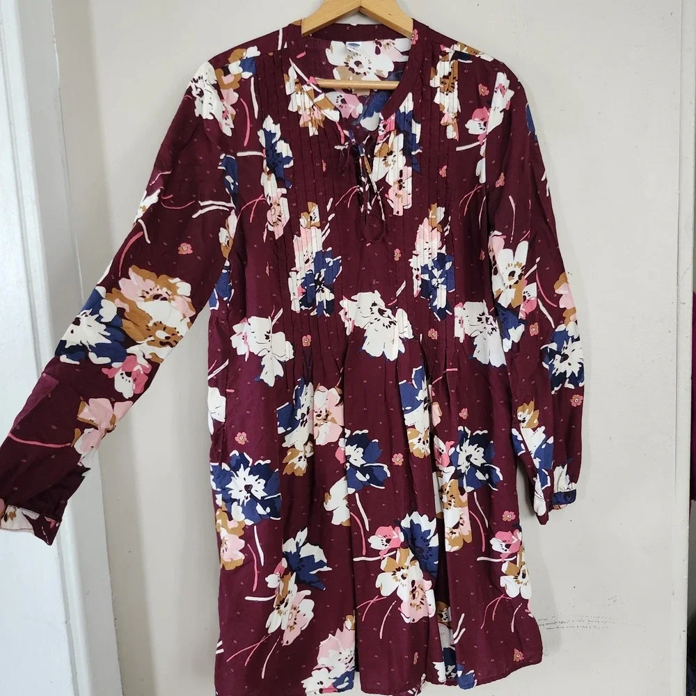 OLD NAVY Womens L Peasant Dress Maroon Floral Lace Up Pleated Boho Long Sleeve